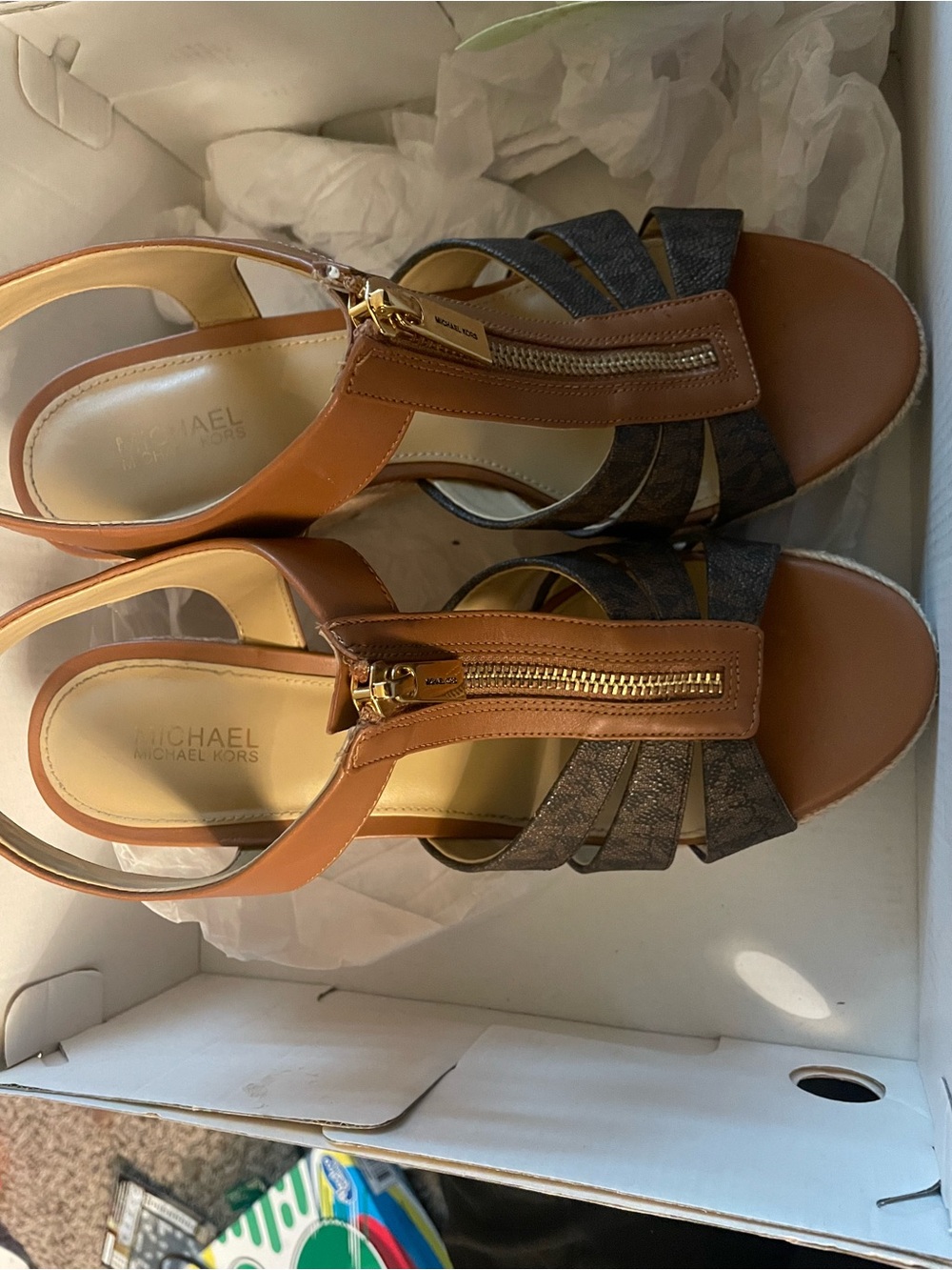 Michael Kors Tan and Brown Logo Wedge Sandals